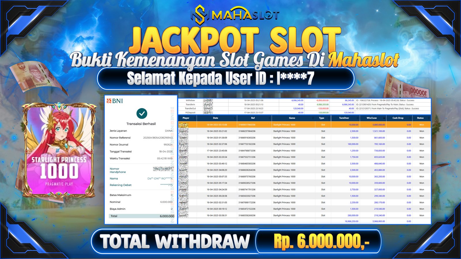 MAHASLOT JACKPOT SLOT GAMES STARLIGHT PRINCESS 1000 Rp. 6.000.000,- LUNAS