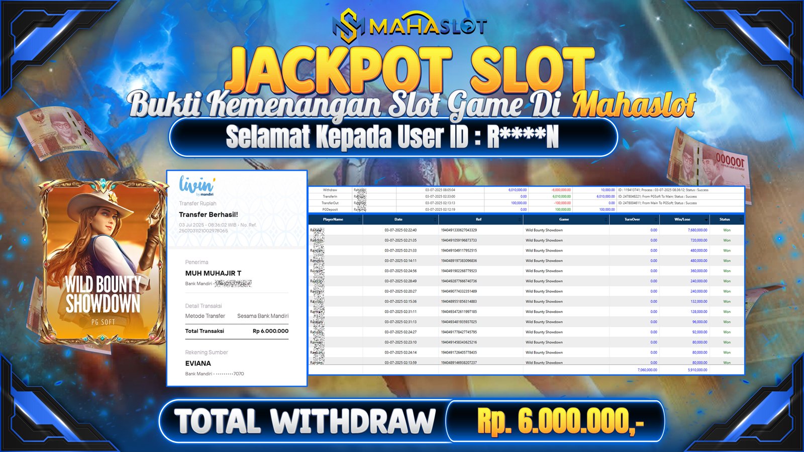 MAHASLOT JACKPOT SLOT GAME WILD BOUNTY SHOWDOWN Rp. 6.000.000,- LUNAS