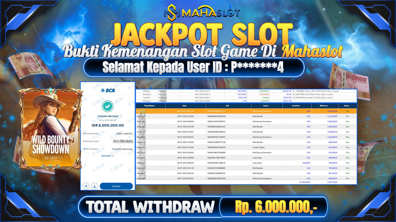 MAHASLOT JACKPOT SLOT GAME WILD BOUNTY SHOWDOWN Rp. 5.000.000,- LUNAS