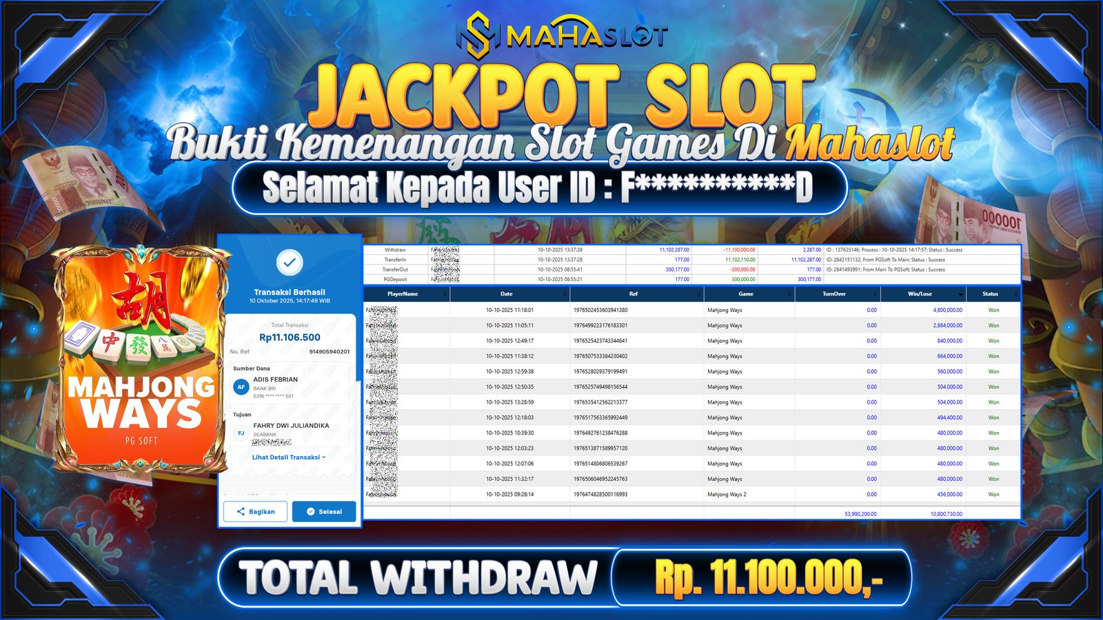 MAHASLOT JACKPOT SLOT GAME MAHJONG WAYS Rp. 11.100.000,- LUNAS