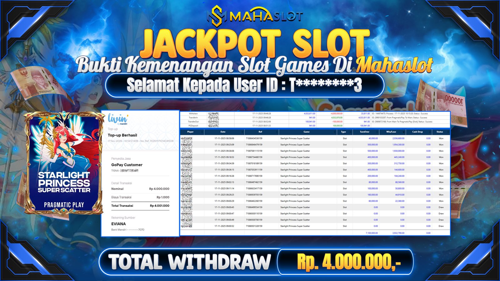 MAHASLOT JACKPOT SLOT GAME STARLIGHT PRINCESS SUPER SCATTER Rp. 4.000.000,- LUNAS