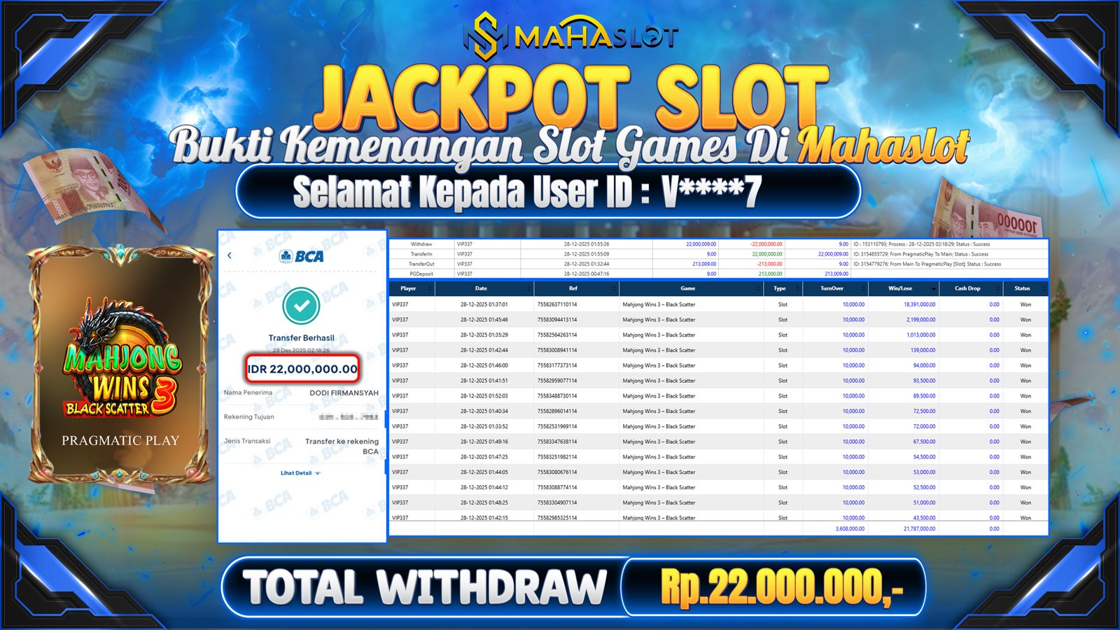 MAHASLOT JACKPOT SLOT GAME MAHJONG WINS BLACKSCATTER 3 Rp. 22.000.000,- LUNAS