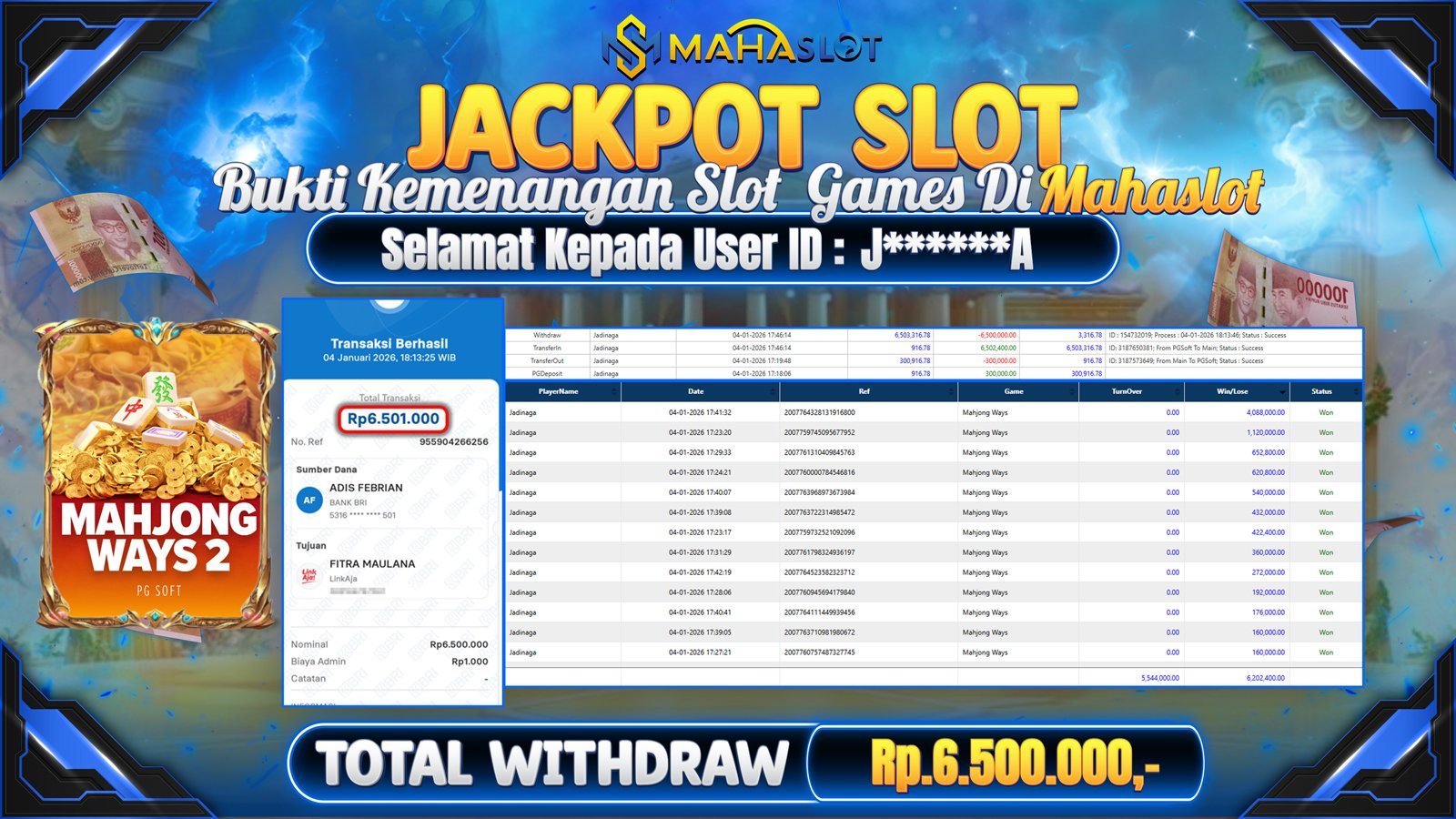 MAHASLOT JACKPOT SLOT GAME MAHJONG WAYS Rp. 6.500.000,- LUNAS