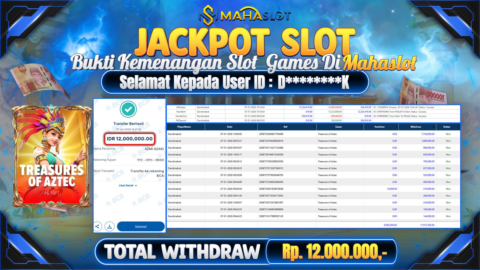 MAHASLOT JACKPOT SLOT GAME TREASURES OF AZTEC Rp. 12.000.000,- LUNAS