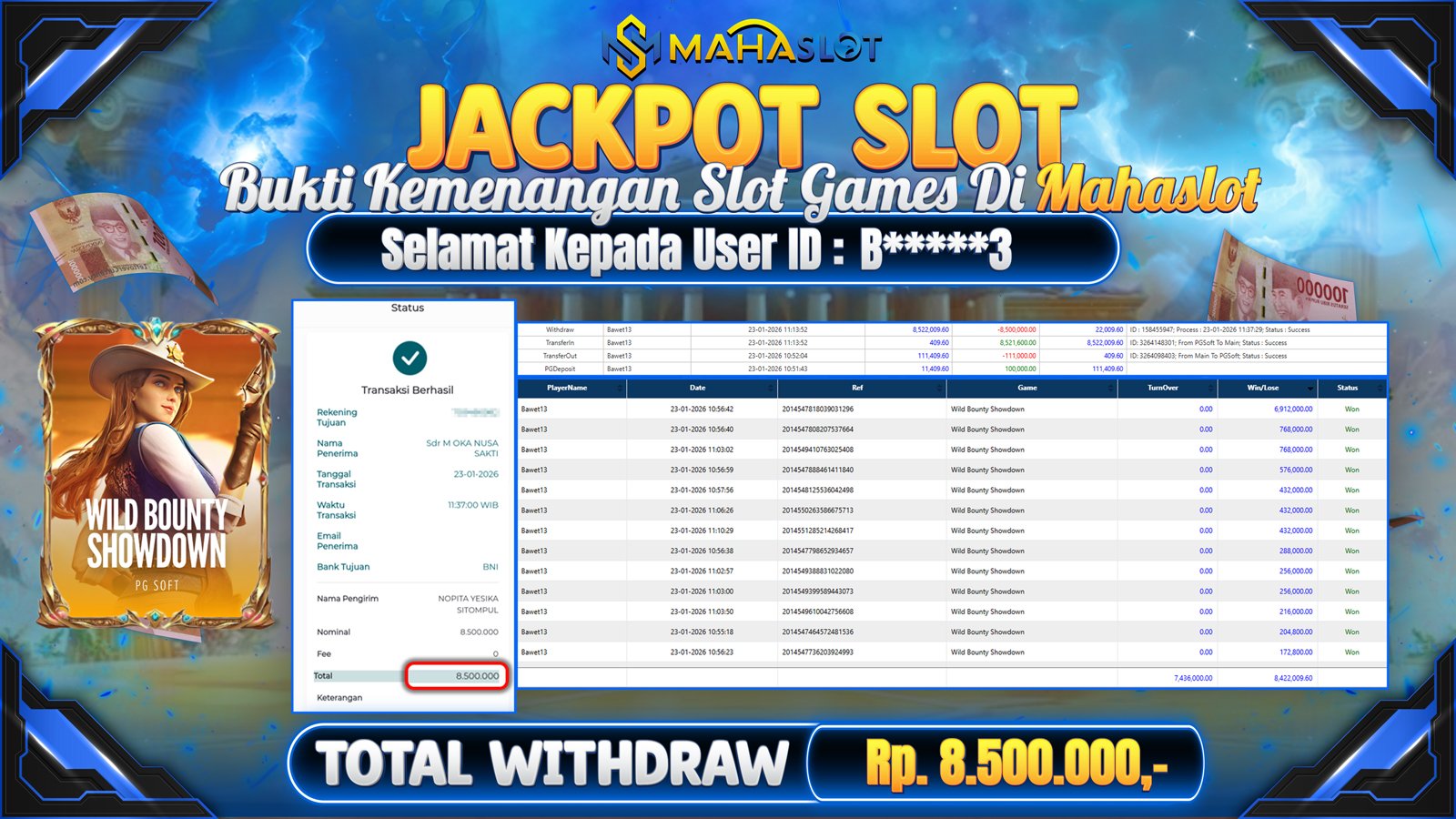 MAHASLOT JACKPOT SLOT GAME WILD BOUNTY SHOWDOWN Rp. 8.500.000,- LUNAS