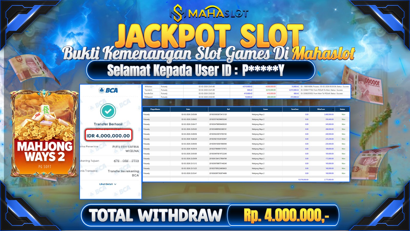 MAHASLOT JACKPOT SLOT GAME MAHJONG WAYS 2 Rp. 4.000.000,- LUNAS