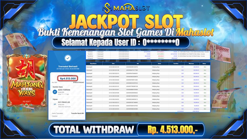 MAHASLOT JACKPOT SLOT GAME MAHJONG WAYS Rp. 4.513.000,- LUNAS